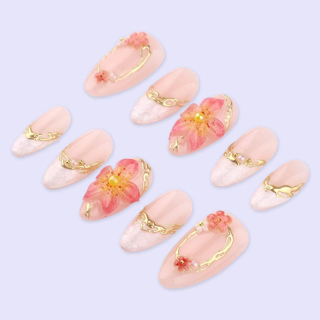 Petal Glow Press On Nails with 3D Blossom & Gold Frame | Pearl Fake Nail in Medium Almond | Handmade Spring Nail Art for Date, Bridal, Gift