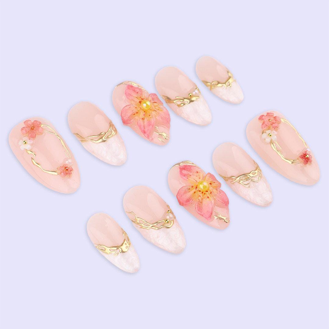 Petal Glow Press On Nails with 3D Blossom & Gold Frame | Pearl Fake Nail in Medium Almond | Handmade Spring Nail Art for Date, Bridal, Gift