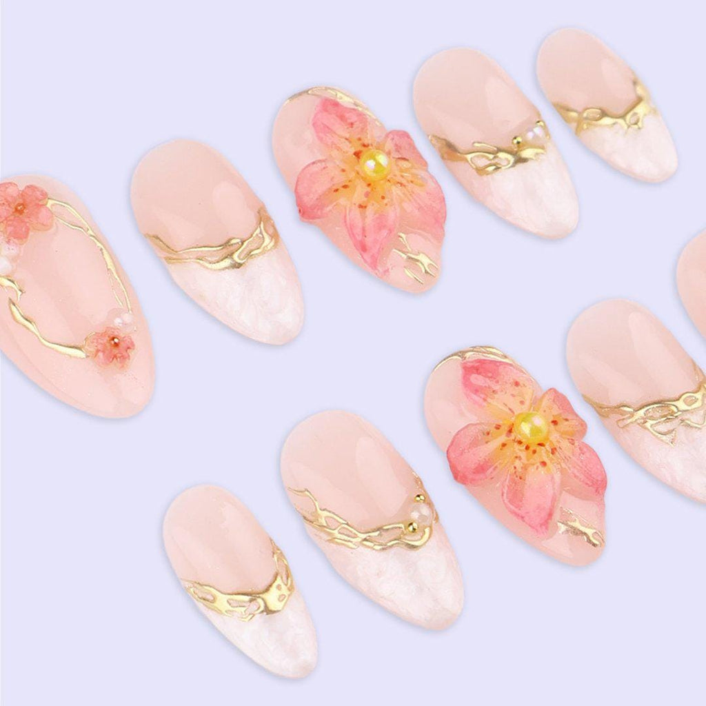 Petal Glow Press On Nails with 3D Blossom & Gold Frame | Pearl Fake Nail in Medium Almond | Handmade Spring Nail Art for Date, Bridal, Gift