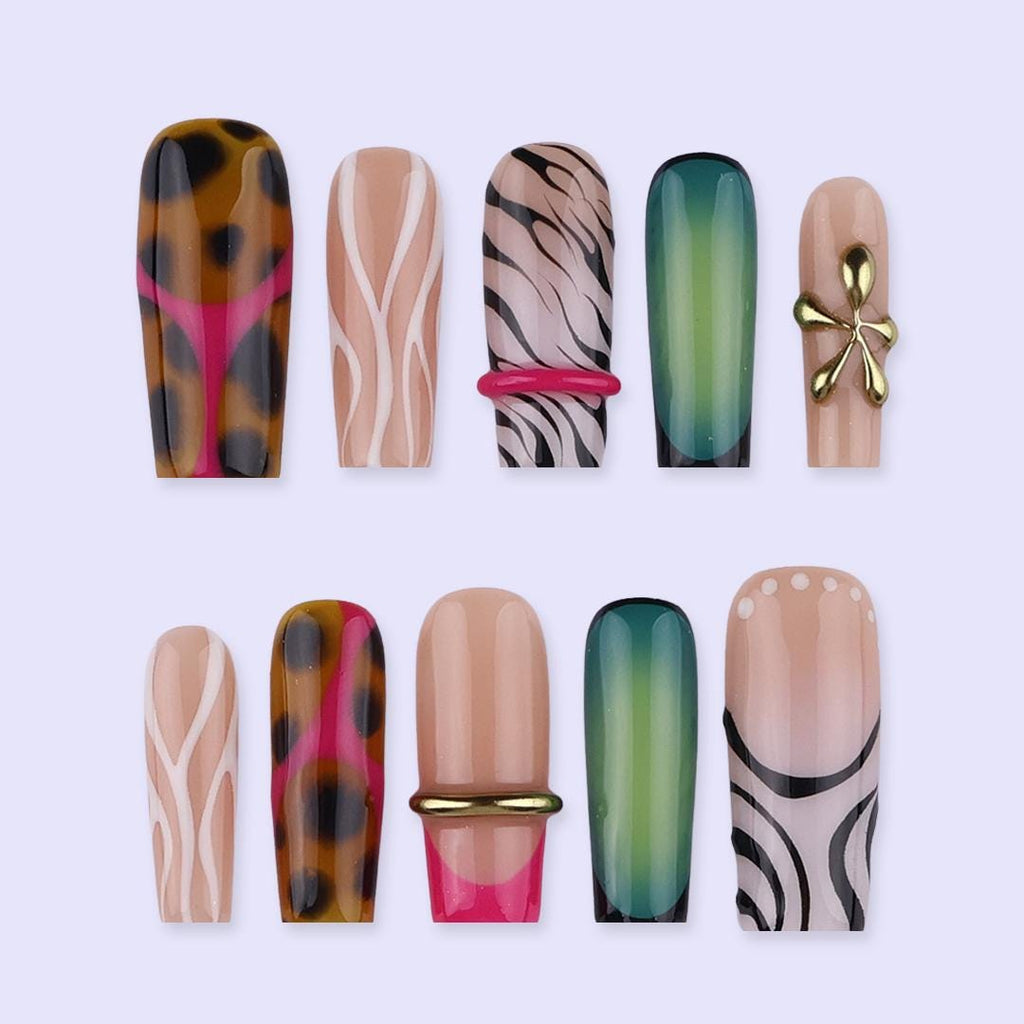 Free Style Press On Nails with Leopard & Green Ombre | Long Square Fake Nails with Gold Accent | Handmade Nail Art