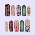 Free Style Press On Nails with Leopard & Green Ombre | Long Square Fake Nails with Gold Accent | Handmade Nail Art