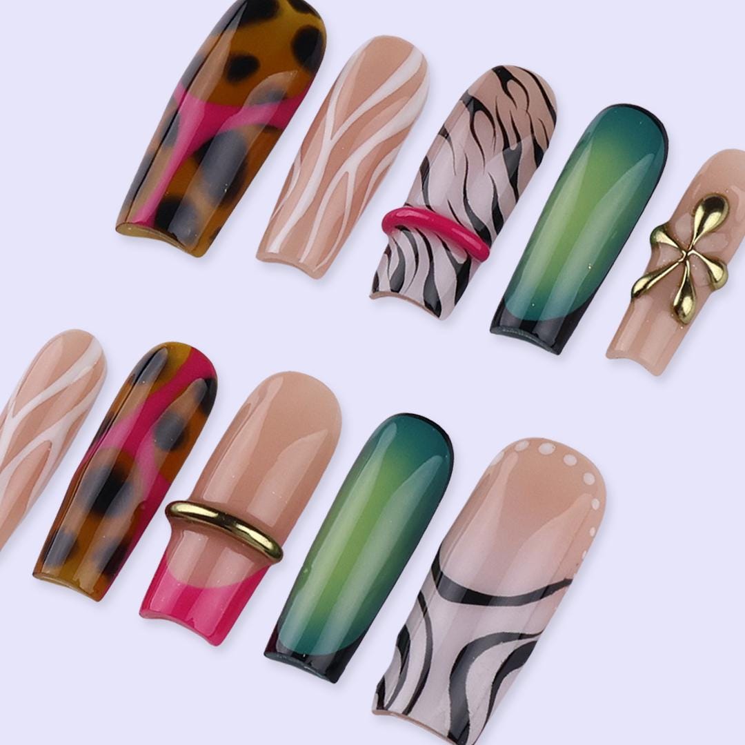 Free Style Press On Nails with Leopard & Green Ombre | Long Square Fake Nails with Gold Accent | Handmade Nail Art