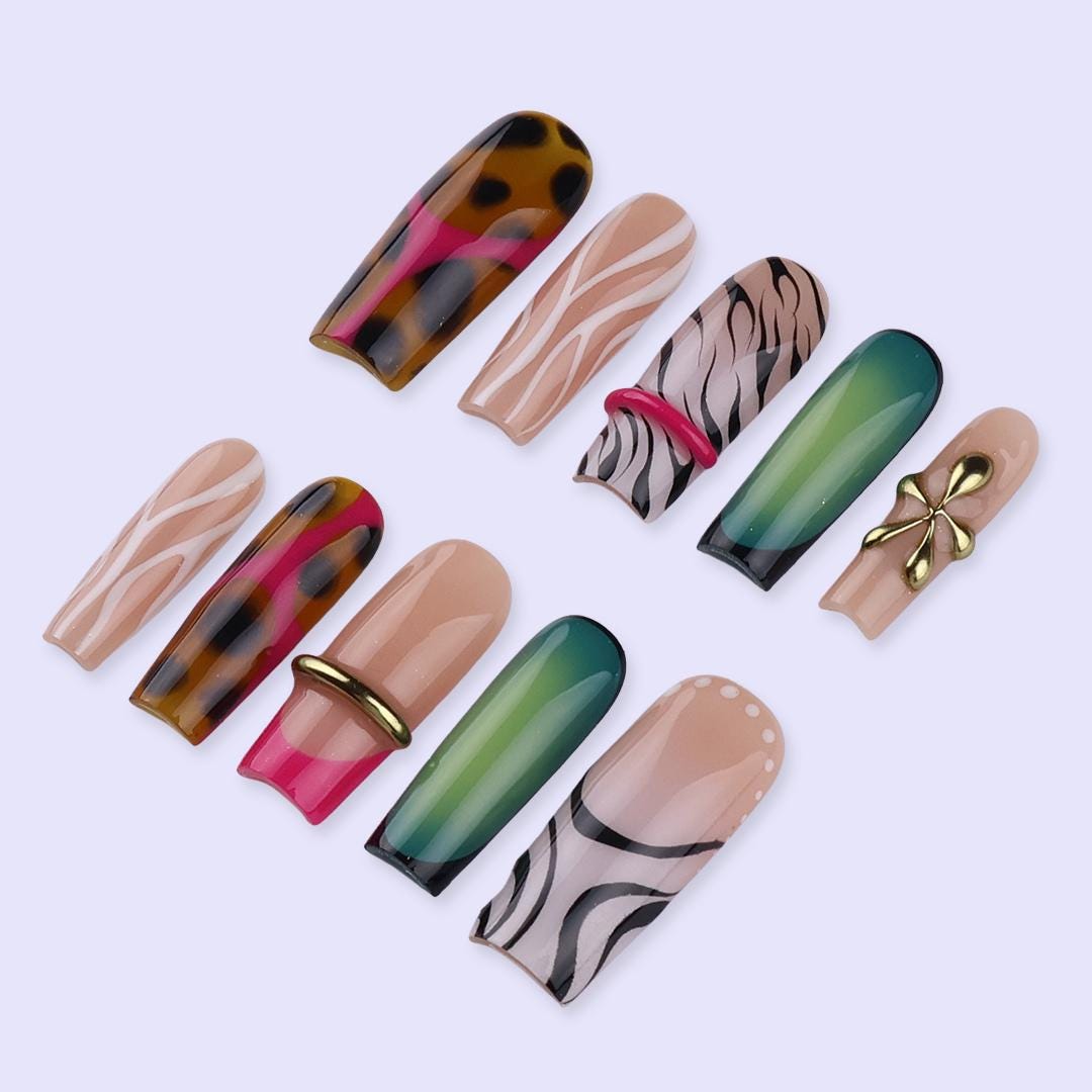 Free Style Press On Nails with Leopard & Green Ombre | Long Square Fake Nails with Gold Accent | Handmade Nail Art