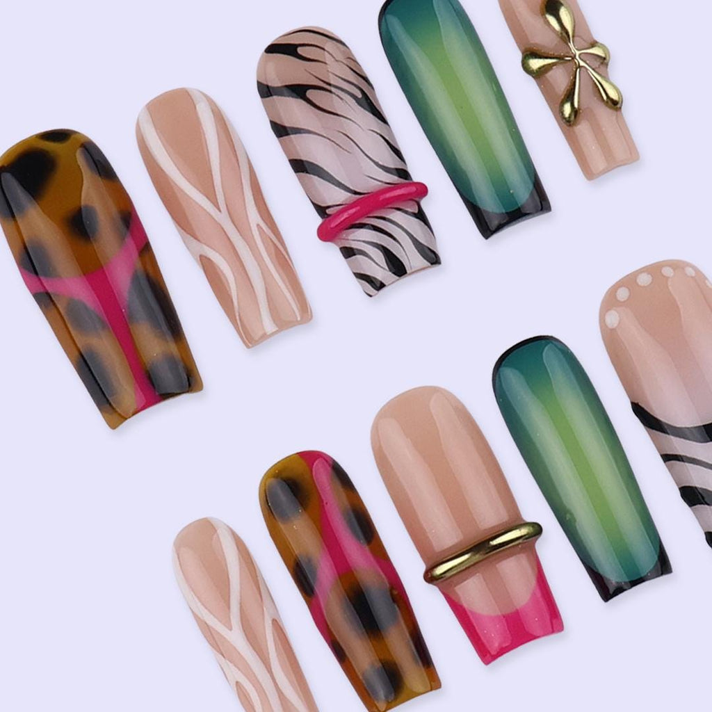 Free Style Press On Nails with Leopard & Green Ombre | Long Square Fake Nails with Gold Accent | Handmade Nail Art