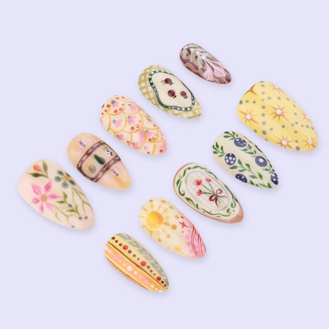 Spring Folk Garden Press On Nails | Hand-Painted Floral & Pattern Fake Nails in Medium Almond | Handmade Nail Art for Everyday Wear