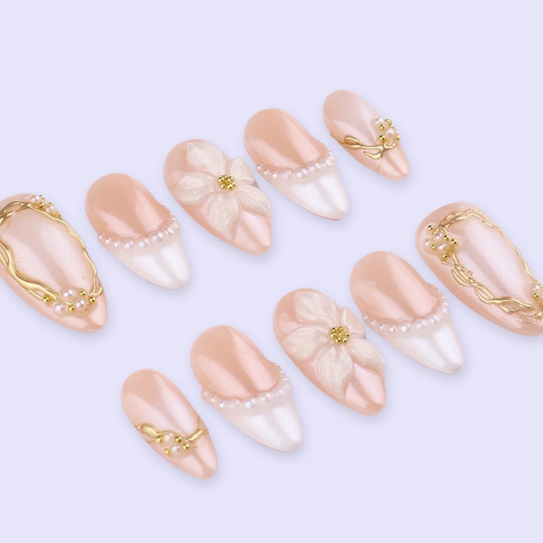 Spring Pearl Bloom Press On Nails | 3D Floral & Gold Frame Fake Nails in Medium Almond | Handmade Nail Art for Bride or Gift