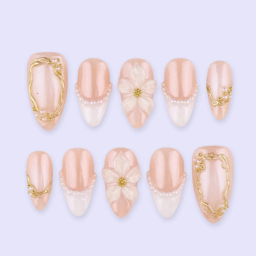 Spring Pearl Bloom Press On Nails | 3D Floral & Gold Frame Fake Nails in Medium Almond | Handmade Nail Art for Bride or Gift