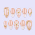 Spring Pearl Bloom Press On Nails | 3D Floral & Gold Frame Fake Nails in Medium Almond | Handmade Nail Art for Bride or Gift