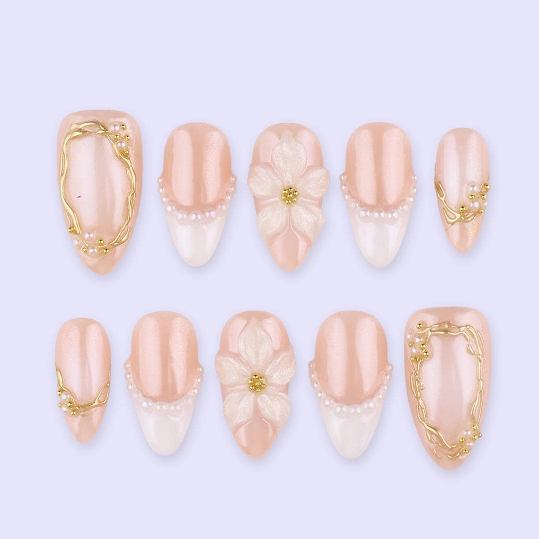 Spring Pearl Bloom Press On Nails | 3D Floral & Gold Frame Fake Nails in Medium Almond | Handmade Nail Art for Bride or Gift
