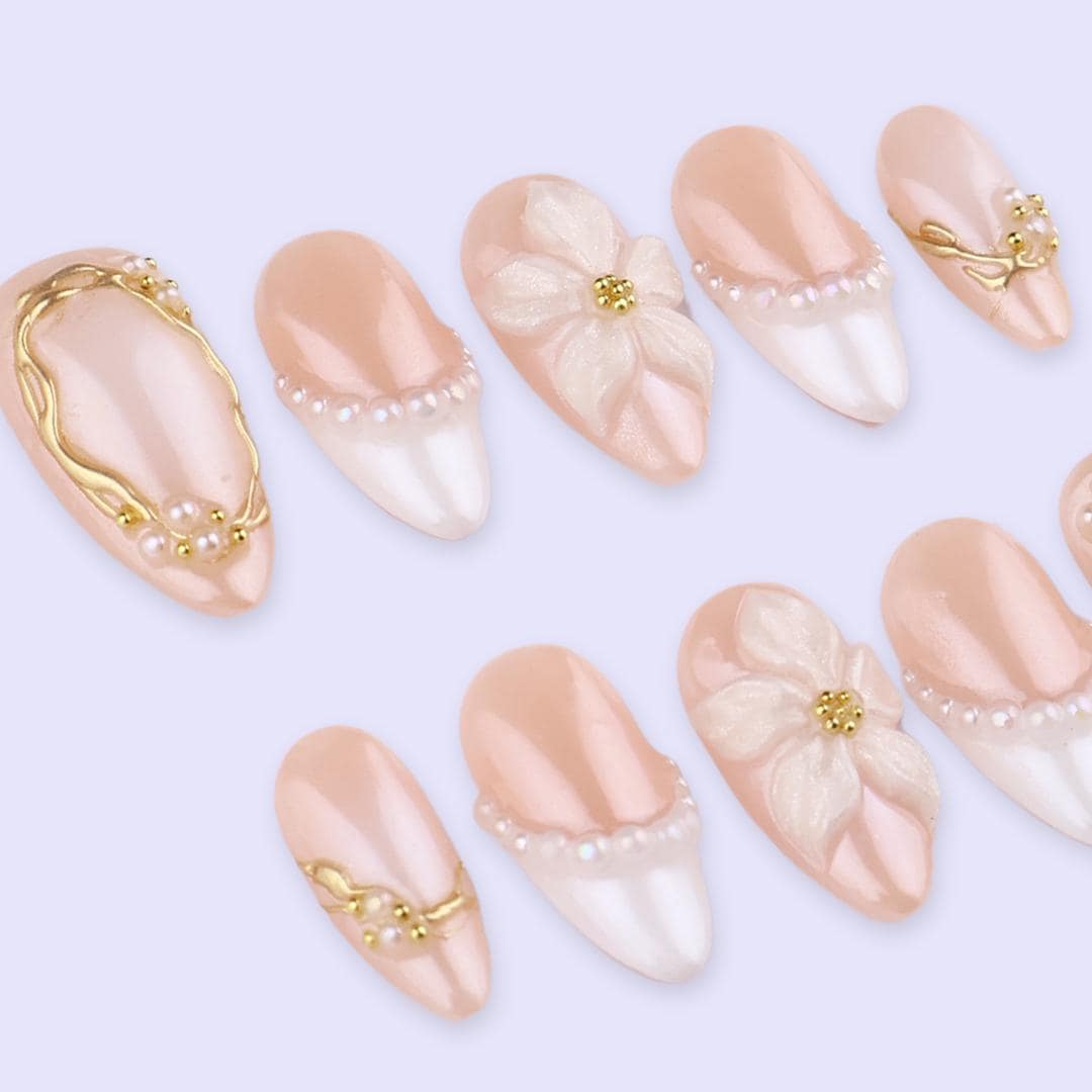Spring Pearl Bloom Press On Nails | 3D Floral & Gold Frame Fake Nails in Medium Almond | Handmade Nail Art for Bride or Gift