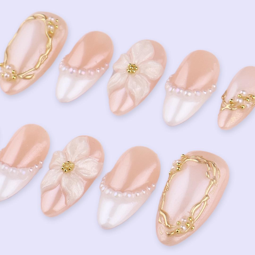 Spring Pearl Bloom Press On Nails | 3D Floral & Gold Frame Fake Nails in Medium Almond | Handmade Nail Art for Bride or Gift