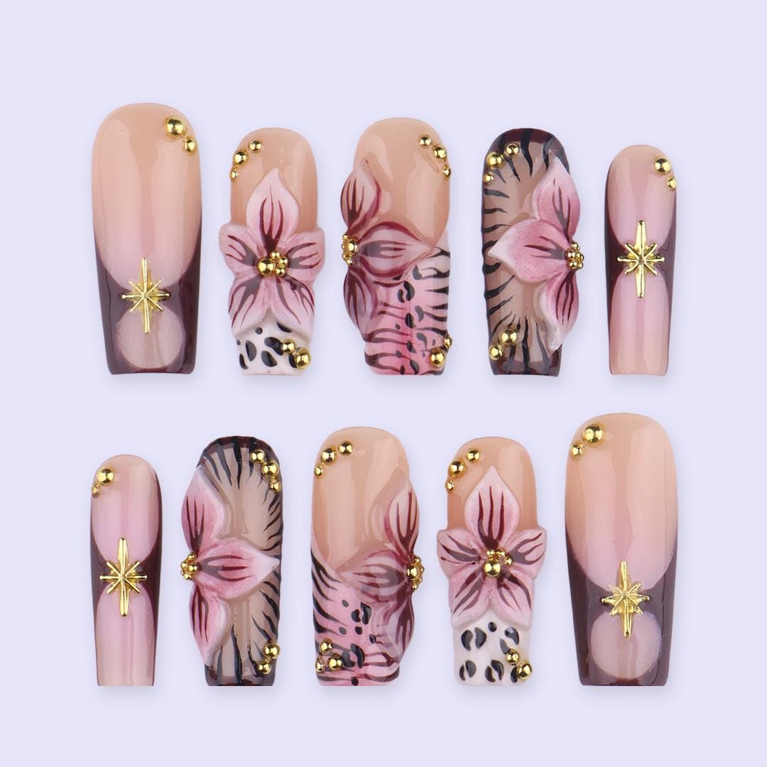 Spring Mocha Floral Press On Nails | 3D Flower & Gold Cross Fake Nails in Long Square | Handmade Nail Art for Everyday Elegance
