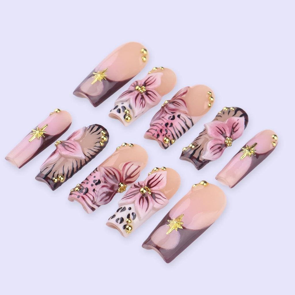 Spring Mocha Floral Press On Nails | 3D Flower & Gold Cross Fake Nails in Long Square | Handmade Nail Art for Everyday Elegance