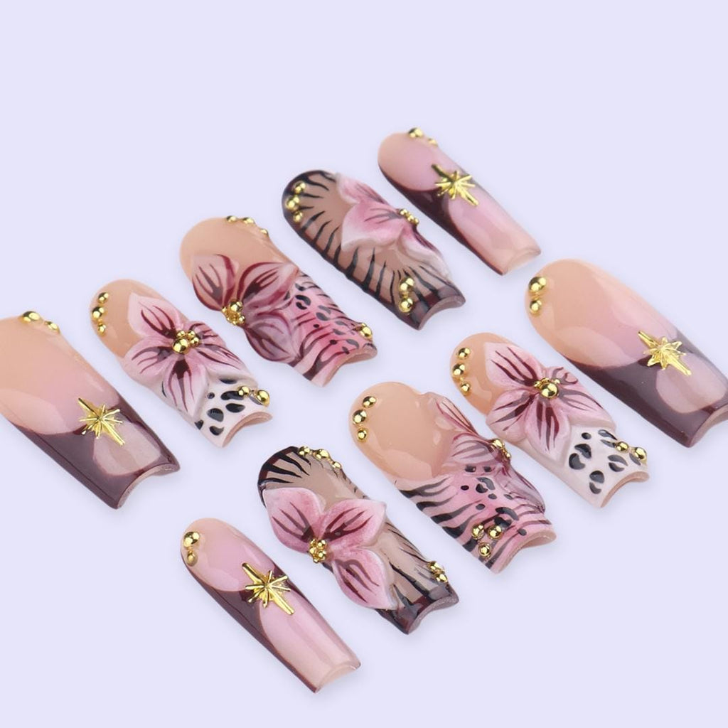 Spring Mocha Floral Press On Nails | 3D Flower & Gold Cross Fake Nails in Long Square | Handmade Nail Art for Everyday Elegance