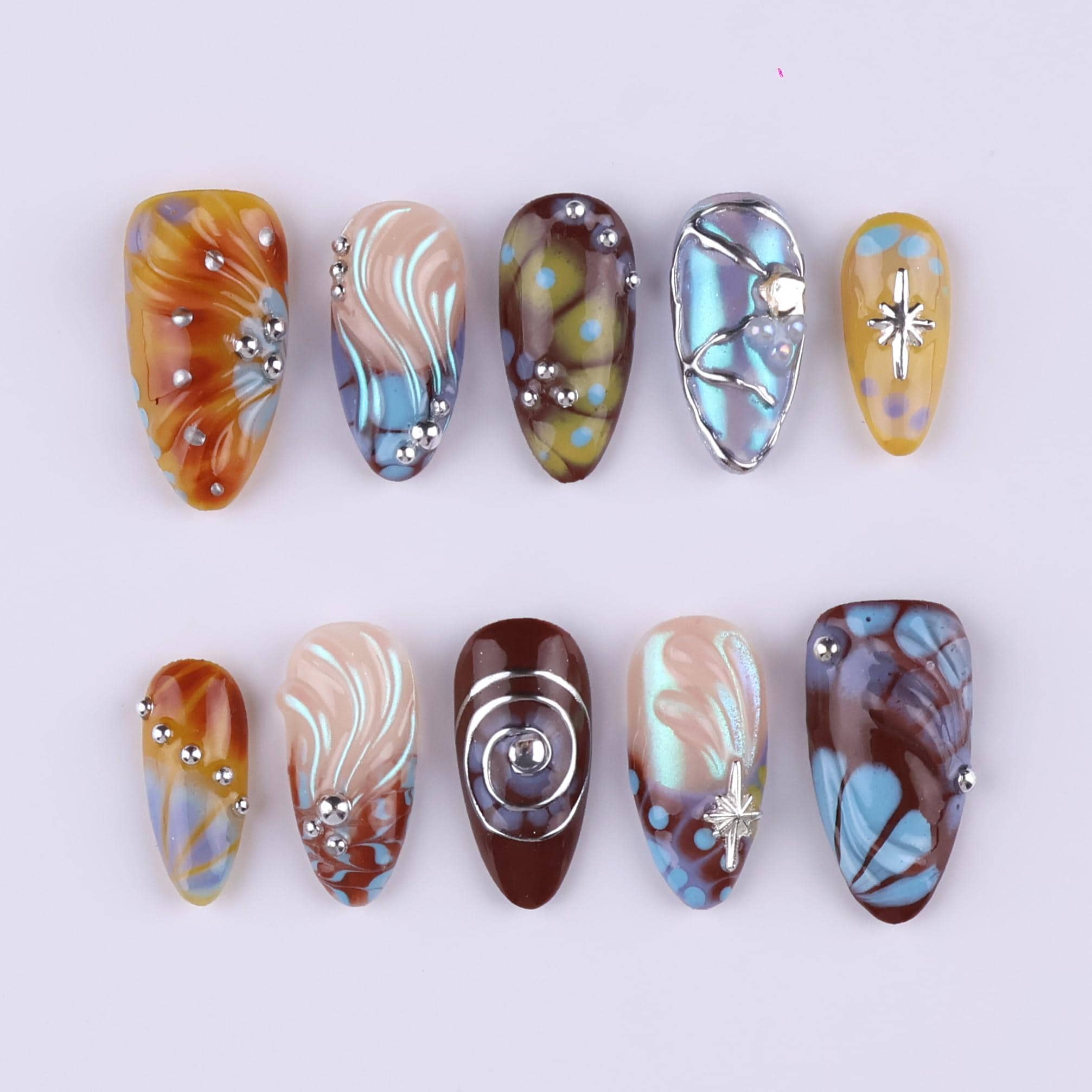 Free Style Press On Nails with Brown & Blue Abstract Swirl | Chrome Fake Nails in Medium Almond | Handmade Nail Art for Statement Looks