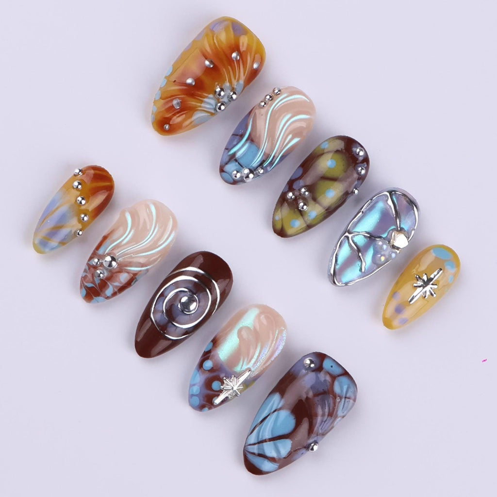 Free Style Press On Nails with Brown & Blue Abstract Swirl | Chrome Fake Nails in Medium Almond | Handmade Nail Art for Statement Looks
