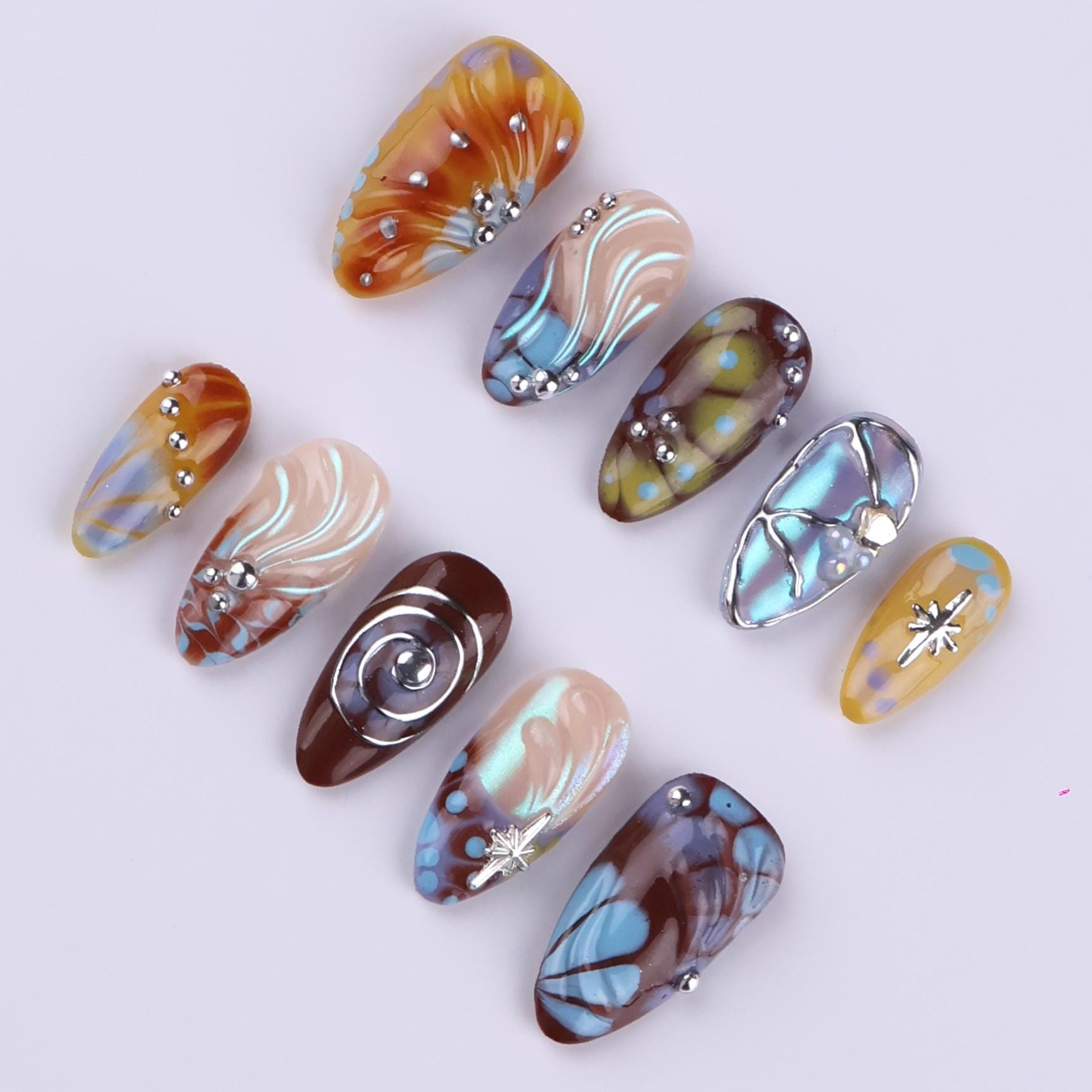 Free Style Press On Nails with Brown & Blue Abstract Swirl | Chrome Fake Nails in Medium Almond | Handmade Nail Art for Statement Looks