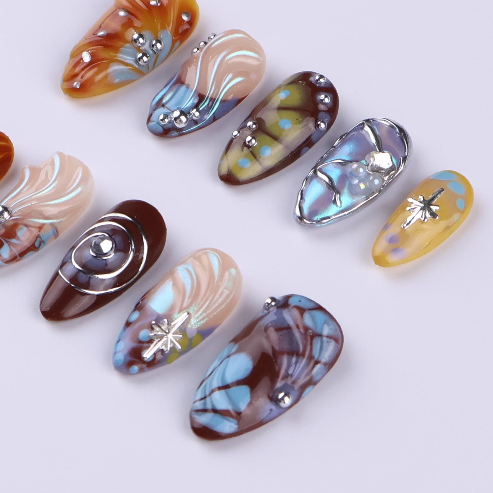Free Style Press On Nails with Brown & Blue Abstract Swirl | Chrome Fake Nails in Medium Almond | Handmade Nail Art for Statement Looks