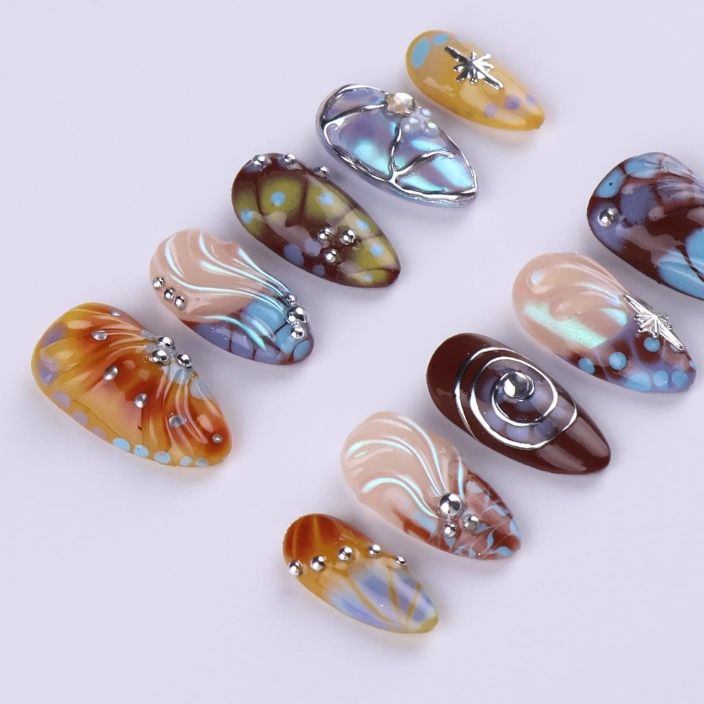 Free Style Press On Nails with Brown & Blue Abstract Swirl | Chrome Fake Nails in Medium Almond | Handmade Nail Art for Statement Looks
