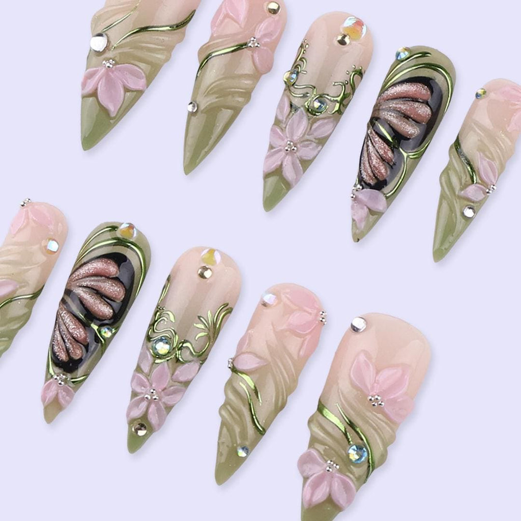 Spring Floral Press On Nails with Green Swirl & Butterfly | 3D Fake Nails in Long Stiletto | Handmade Nail Art