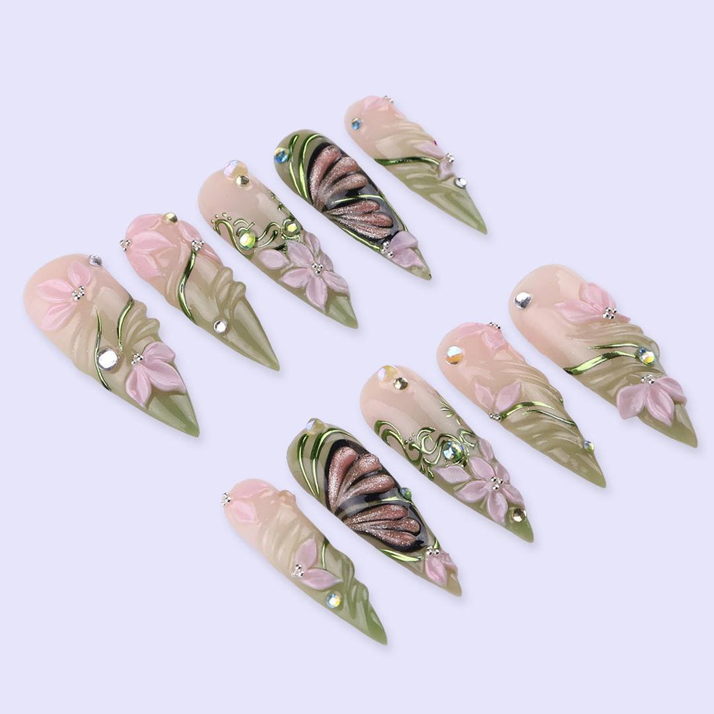 Spring Floral Press On Nails with Green Swirl & Butterfly | 3D Fake Nails in Long Stiletto | Handmade Nail Art