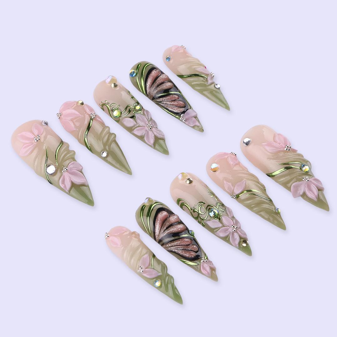 Spring Floral Press On Nails with Green Swirl & Butterfly | 3D Fake Nails in Long Stiletto | Handmade Nail Art