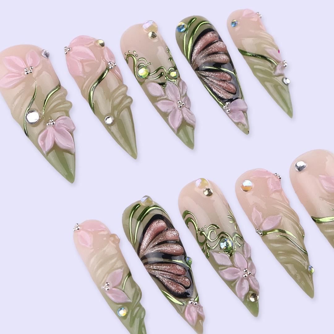 Spring Floral Press On Nails with Green Swirl & Butterfly | 3D Fake Nails in Long Stiletto | Handmade Nail Art