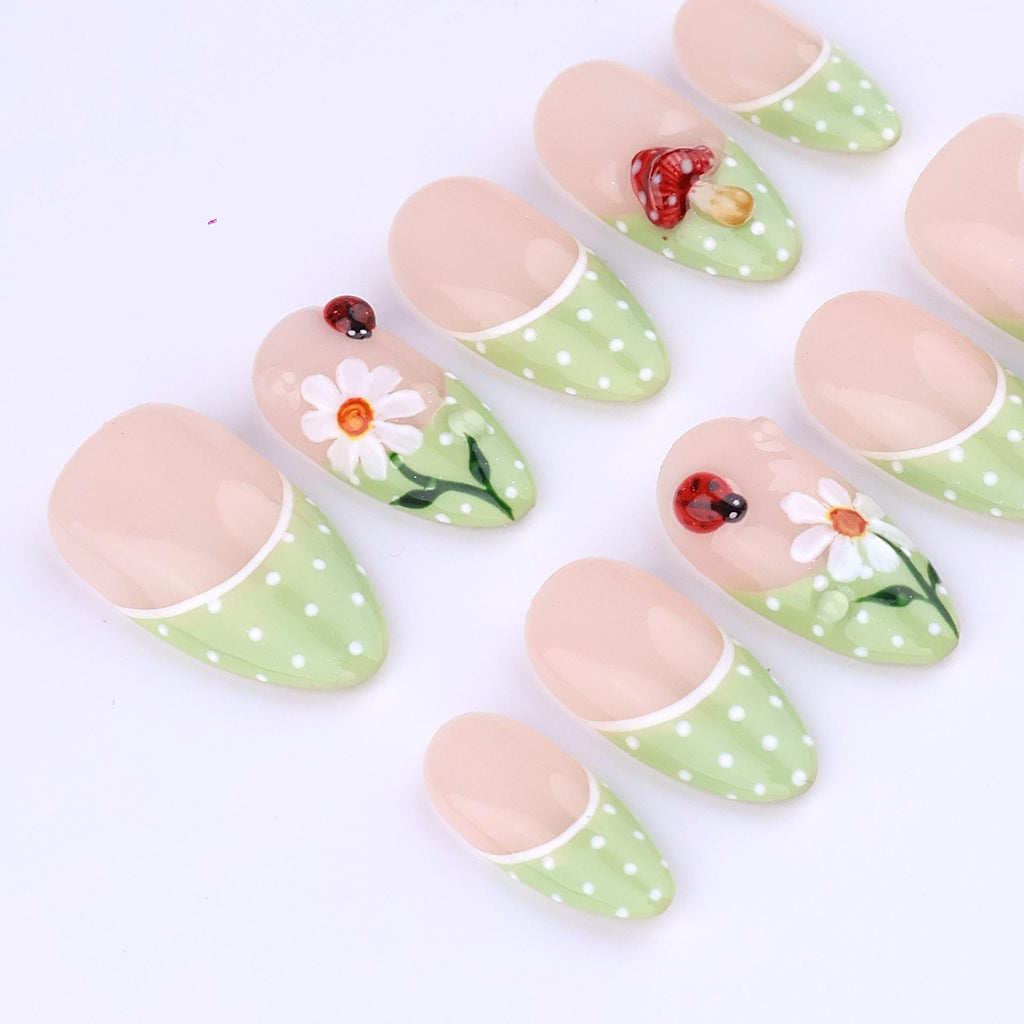 Spring Press On Nails with Daisy & Mushroom | Green Polka Dot French Tip Fake Nails in Medium Almond | Cute Handmade Nail Art