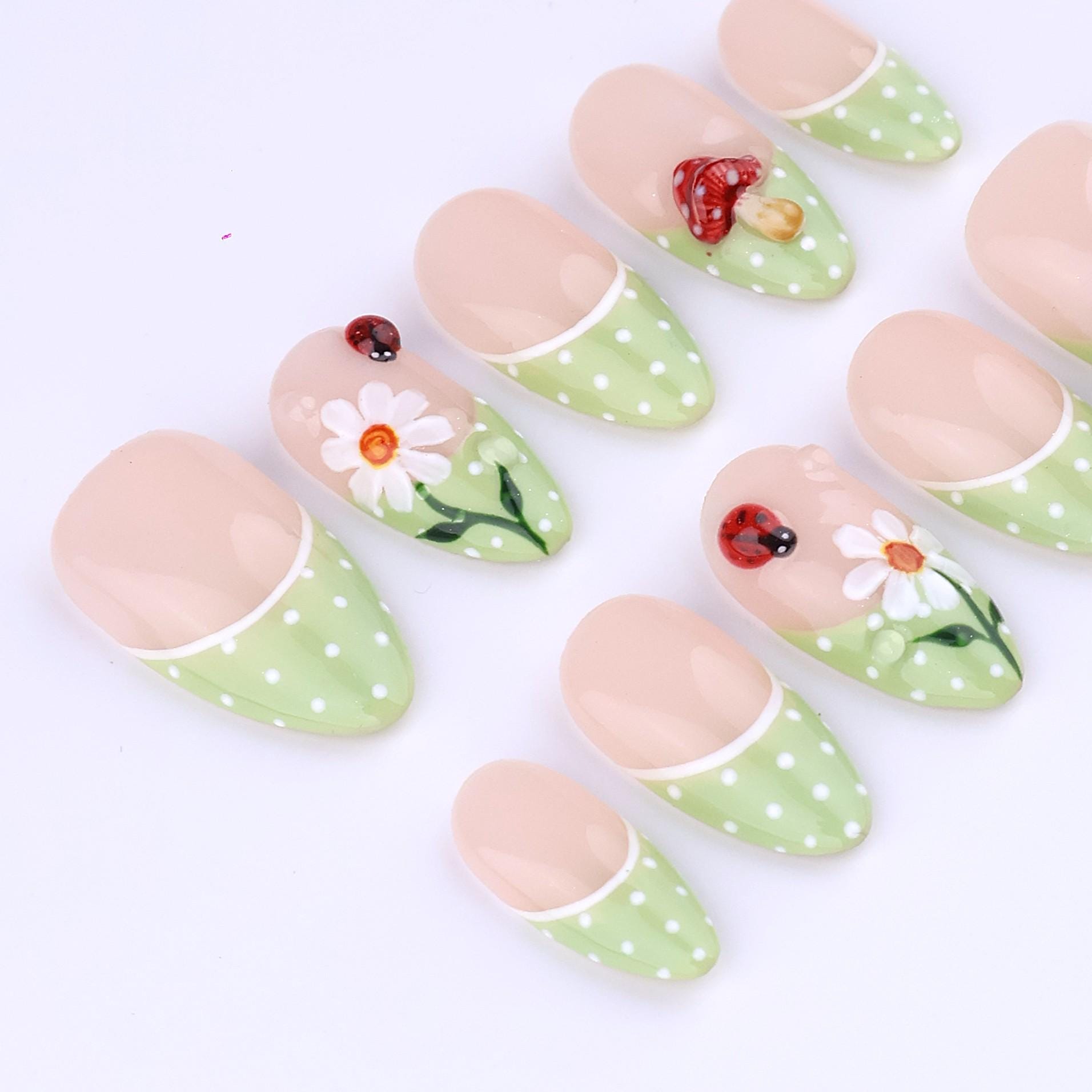 Spring Press On Nails with Daisy & Mushroom | Green Polka Dot French Tip Fake Nails in Medium Almond | Cute Handmade Nail Art