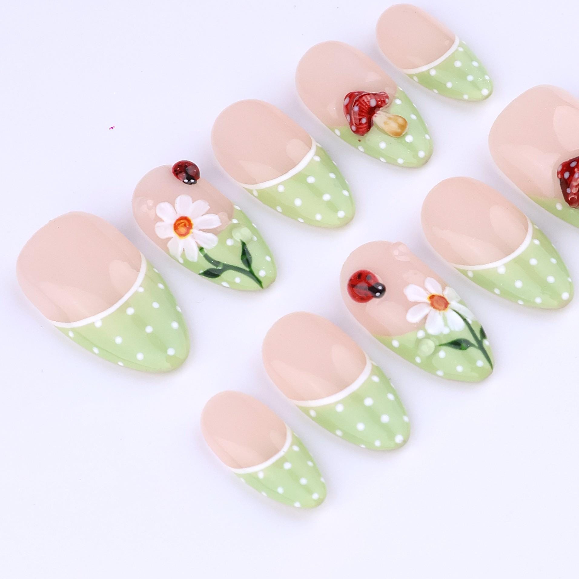 Spring Press On Nails with Daisy & Mushroom | Green Polka Dot French Tip Fake Nails in Medium Almond | Cute Handmade Nail Art
