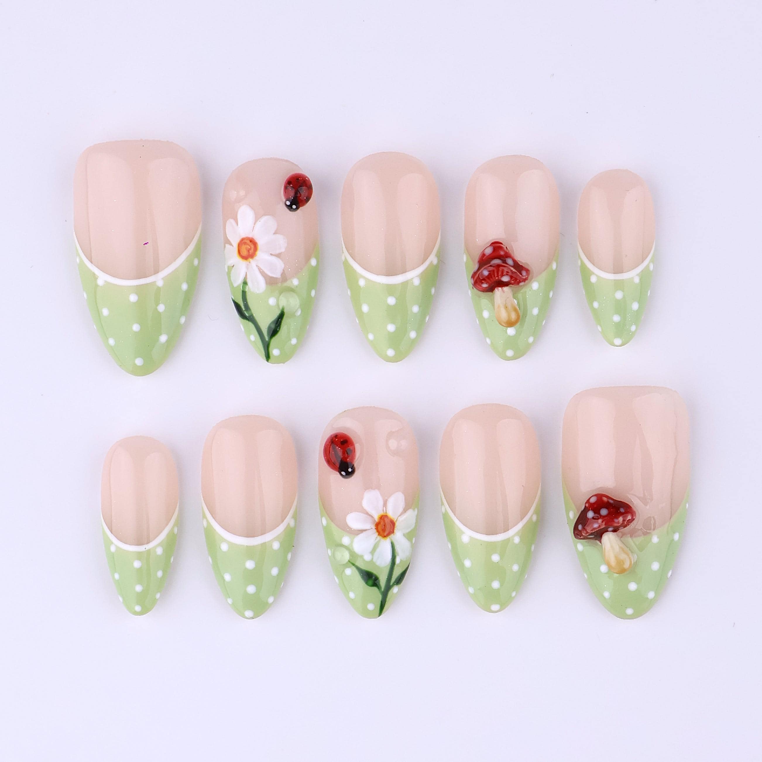 Spring Press On Nails with Daisy & Mushroom | Green Polka Dot French Tip Fake Nails in Medium Almond | Cute Handmade Nail Art
