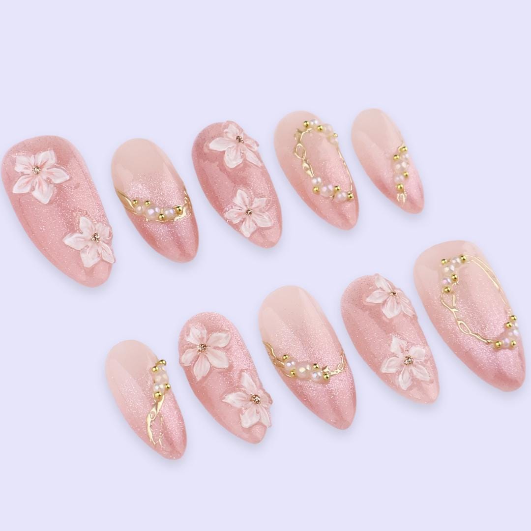 Spring Press On Nails | Pink Cat Eye with Floral & Gold Accent Fake Nails in Medium Almond | Handmade Nail Art for Elegant Looks