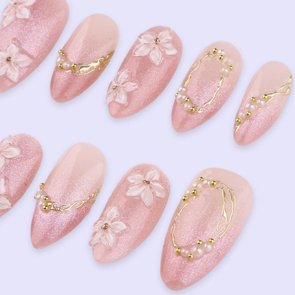 Spring Press On Nails | Pink Cat Eye with Floral & Gold Accent Fake Nails in Medium Almond | Handmade Nail Art for Elegant Looks