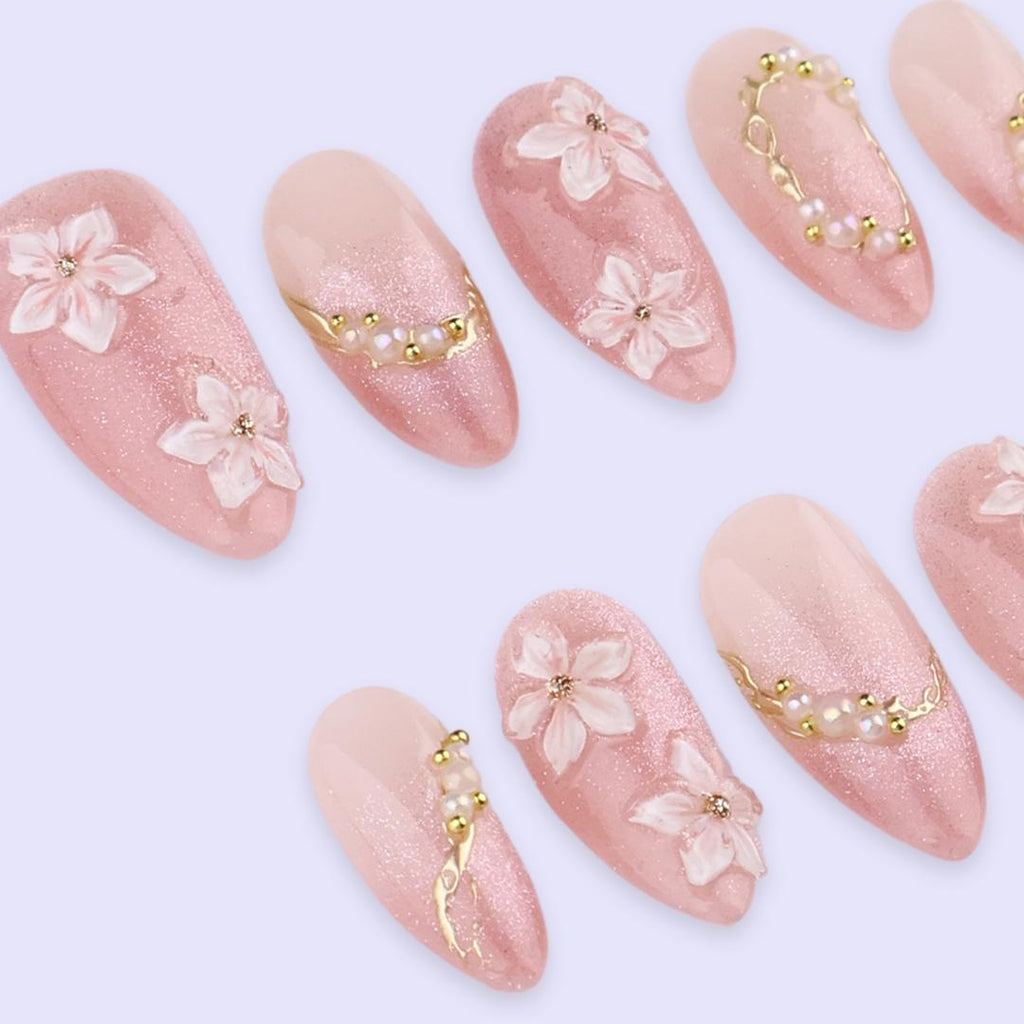 Spring Press On Nails | Pink Cat Eye with Floral & Gold Accent Fake Nails in Medium Almond | Handmade Nail Art for Elegant Looks