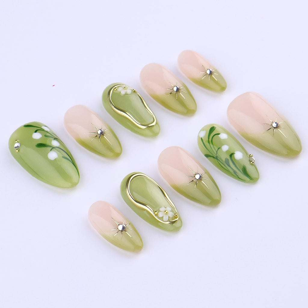 Spring Green Press On Nails with Floral & Gold Line Art | Soft Ombre Fake Nails in Almond | Handmade Elegant Nail Art