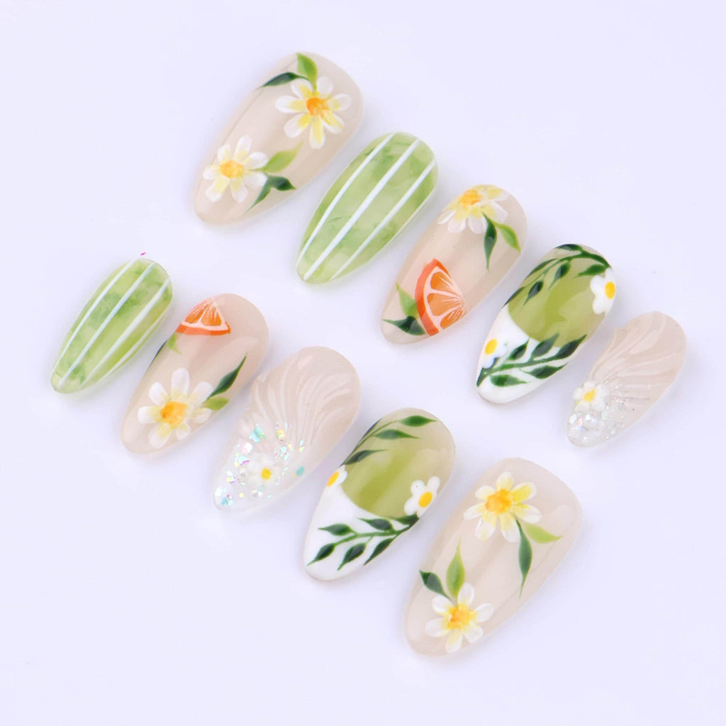 Spring Press On Nails with Daisy & Green Leaves | Soft Nude Botanical Fake Nails in Almond | Handmade Floral Nail Art