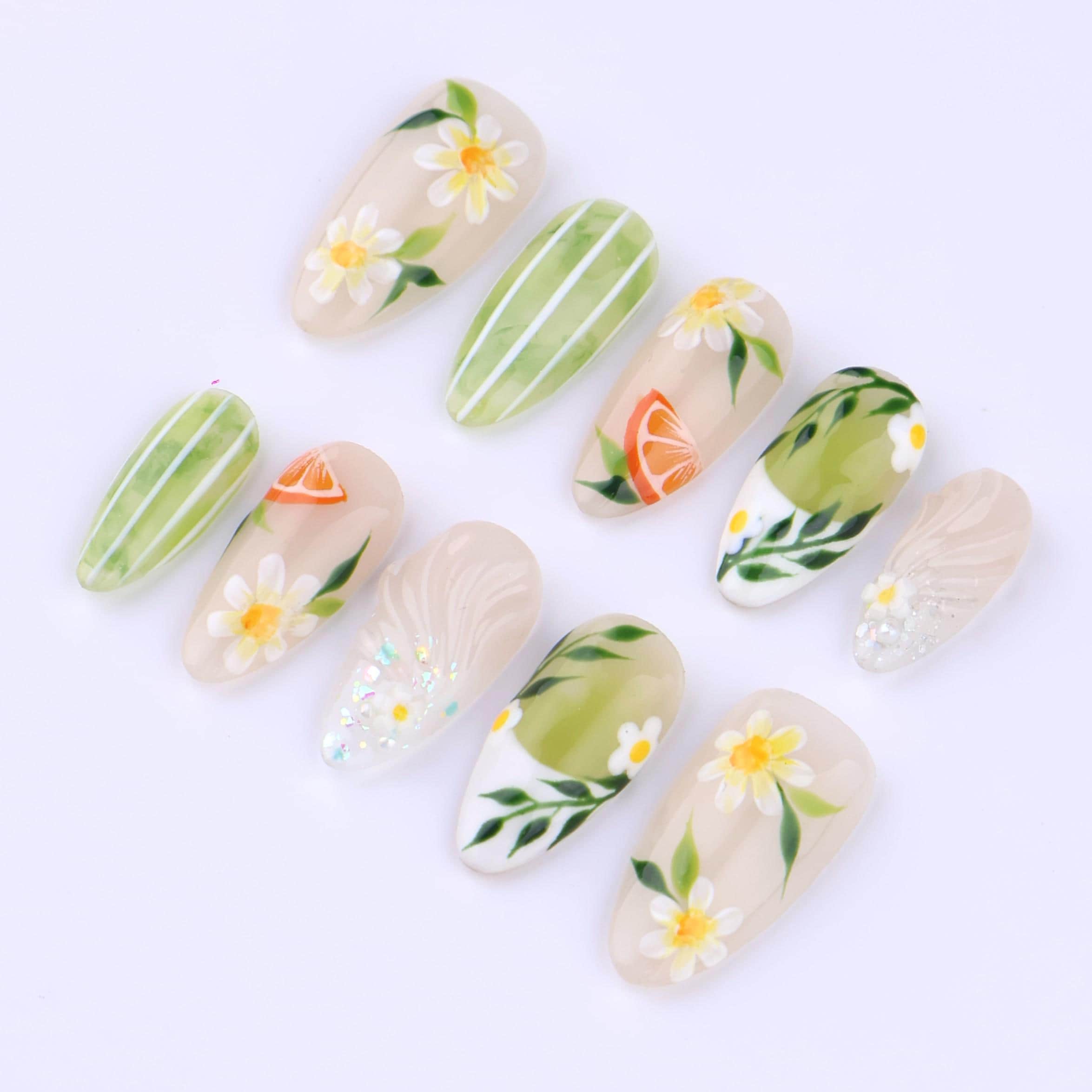 Spring Press On Nails with Daisy & Green Leaves | Soft Nude Botanical Fake Nails in Almond | Handmade Floral Nail Art