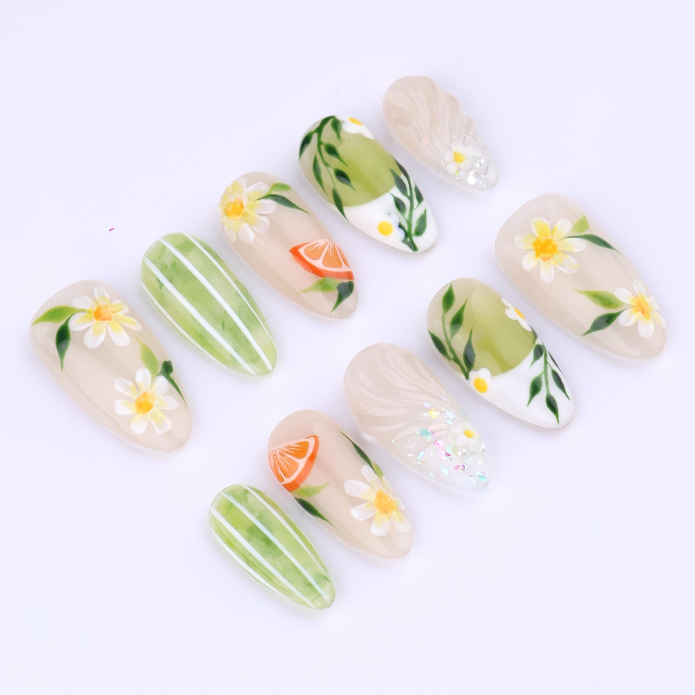 Spring Press On Nails with Daisy & Green Leaves | Soft Nude Botanical Fake Nails in Almond | Handmade Floral Nail Art