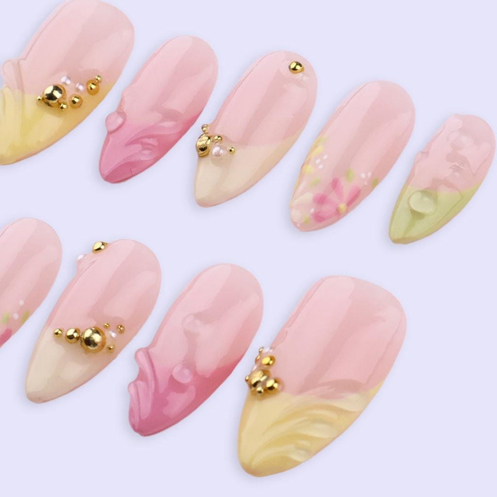 Spring Press On Nails with Gold Beads & Floral | Soft Pink Yellow Green Fake Nails in Almond | Handmade Nail Art for Brunch or Vacation