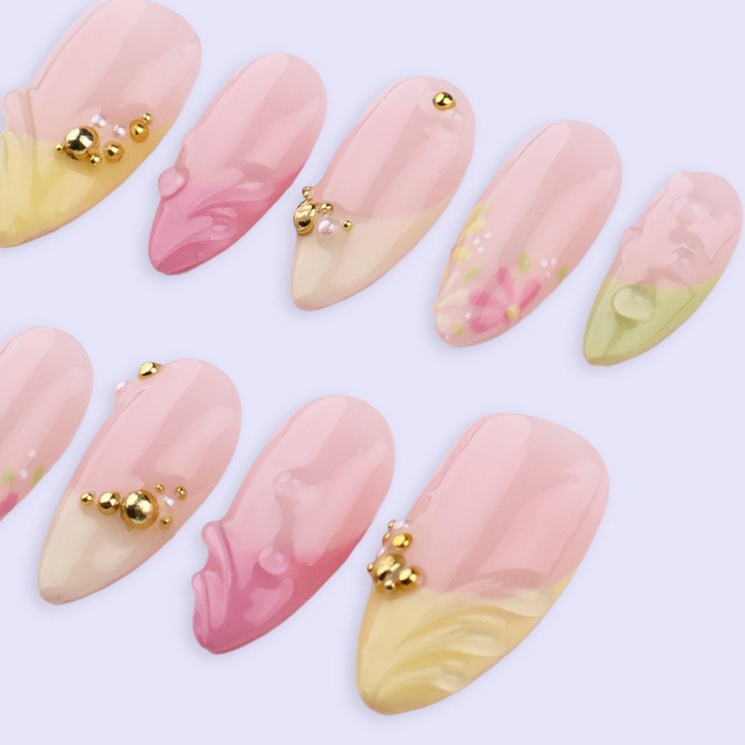 Spring Press On Nails with Gold Beads & Floral | Soft Pink Yellow Green Fake Nails in Almond | Handmade Nail Art for Brunch or Vacation