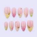Spring Press On Nails with Gold Beads & Floral | Soft Pink Yellow Green Fake Nails in Almond | Handmade Nail Art for Brunch or Vacation