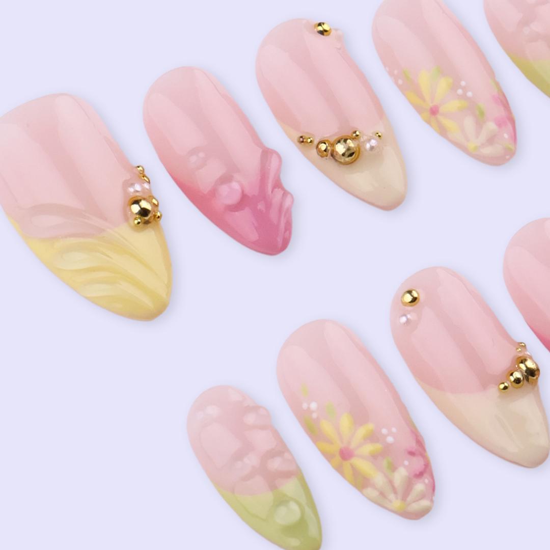 Spring Press On Nails with Gold Beads & Floral | Soft Pink Yellow Green Fake Nails in Almond | Handmade Nail Art for Brunch or Vacation