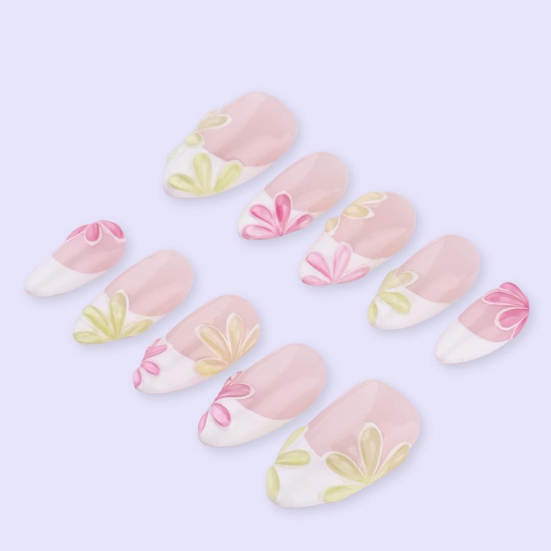 Spring Petal French Press On Nails | Pink & Soft Yellow Floral Fake Nails in Almond | Handmade Pastel Nail Art