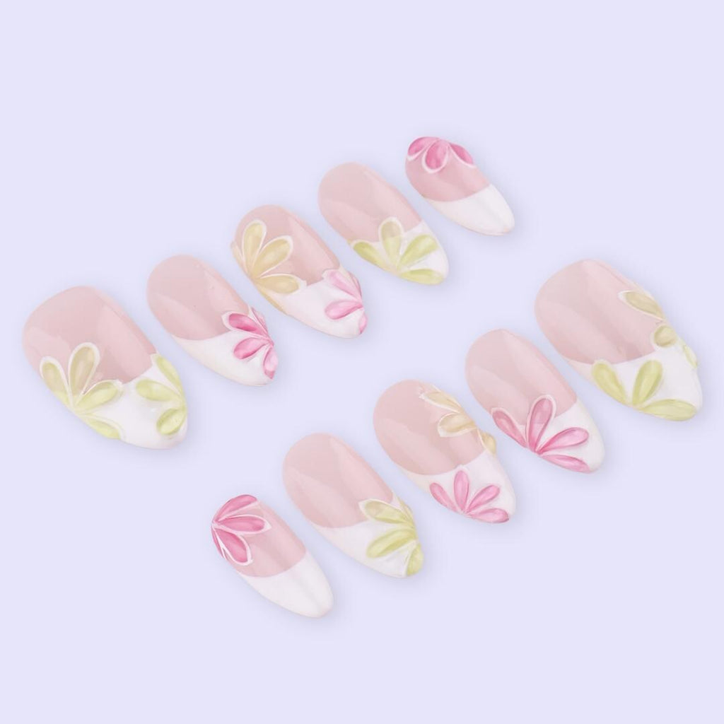Spring Petal French Press On Nails | Pink & Soft Yellow Floral Fake Nails in Almond | Handmade Pastel Nail Art