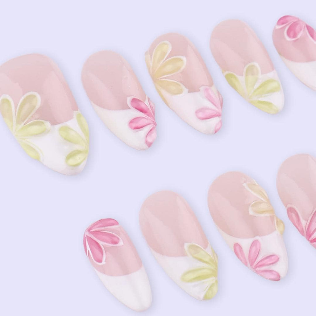 Spring Petal French Press On Nails | Pink & Soft Yellow Floral Fake Nails in Almond | Handmade Pastel Nail Art