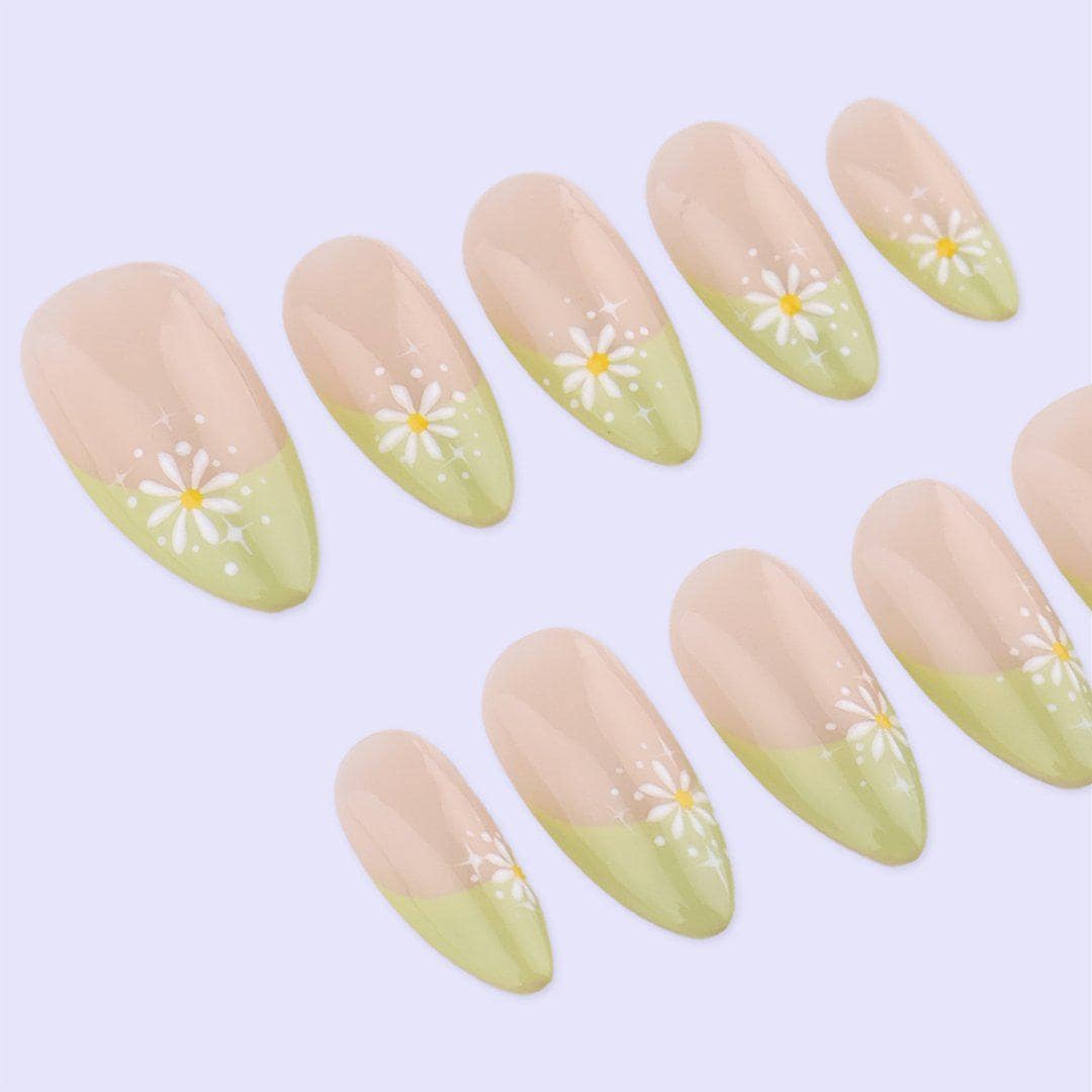 Spring Daisy French Tip Press On Nails with Green Pastel | Floral Fake Nails in Almond | Handmade Minimal Nail Art