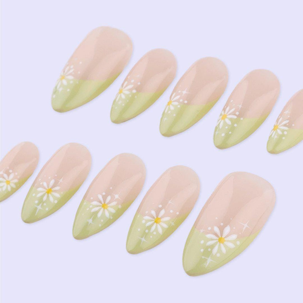Spring Daisy French Tip Press On Nails with Green Pastel | Floral Fake Nails in Almond | Handmade Minimal Nail Art