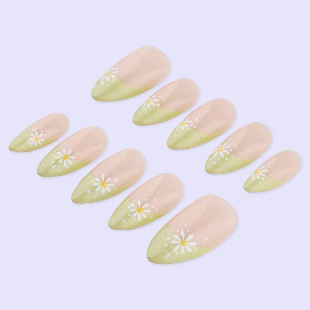 Spring Daisy French Tip Press On Nails with Green Pastel | Floral Fake Nails in Almond | Handmade Minimal Nail Art