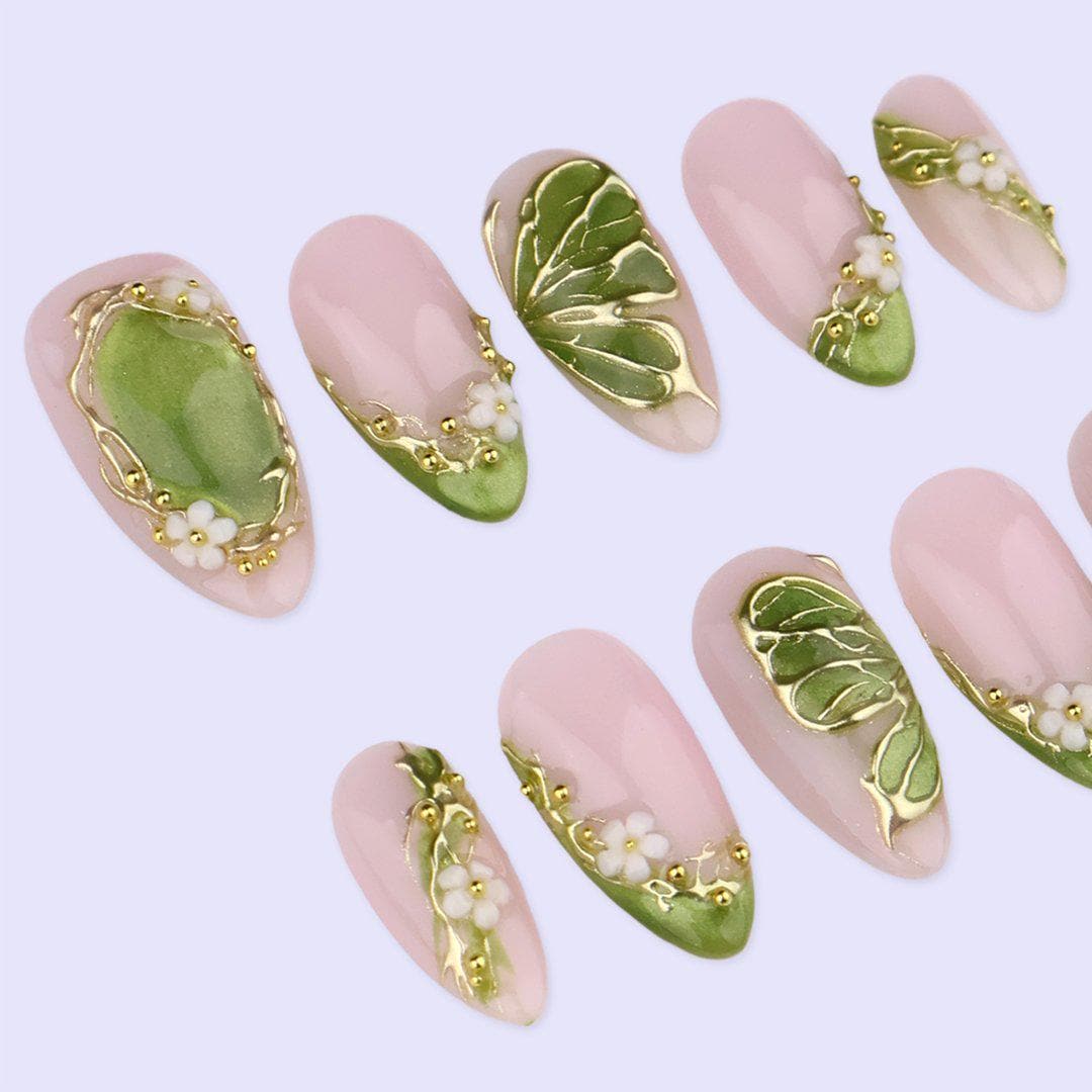 Spring Green Press On with Floral & Butterfly | Gold Fake Nails in Medium Almond | Handmade Nail Art for Everyday Wear Or Gift