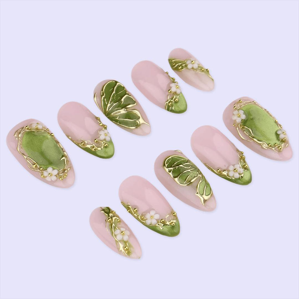 Spring Green Press On with Floral & Butterfly | Gold Fake Nails in Medium Almond | Handmade Nail Art for Everyday Wear Or Gift